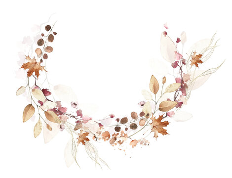 Watercolor floral fall arrangement frame. Red, burgundy, brown, pink autumn wild flowers, eucalyptus branches, maple leaves and twigs. Hand painted isolated template design.