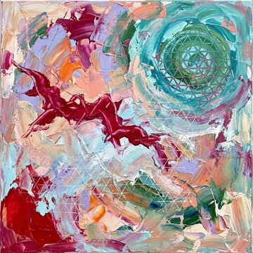 Abstract painting with colorful swirls and geometric patterns  