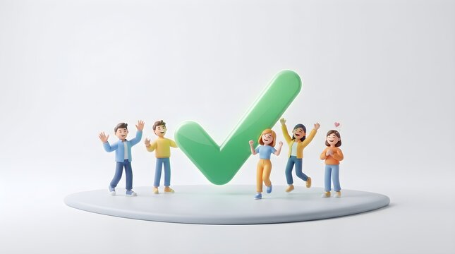 Group of happy people standing around large green check mark.