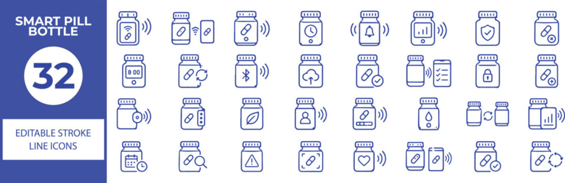 32 Smart Pill Bottle Vector Outline Icons Set,Medication Management, Prescription, Medicine Reminder, Pharmacy and Healthcare Line Symbols Collection