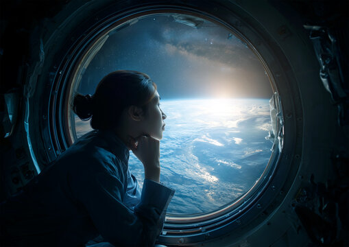 Female astronaut gazing through a spacecraft window at Earth, illuminated by soft blue light, capturing a serene and futuristic space exploration moment.
