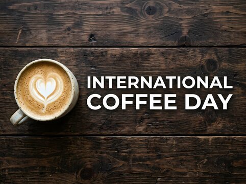 International Coffee Day banner featuring latte art on wooden background.