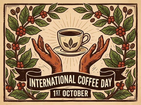 Vintage International Coffee Day illustration with hands holding a cup.