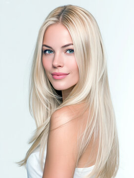 Portrait of a beautiful blonde woman with long smooth hair and blue eyes on a light background. Advertisement for hair colorant, with a bottle of shampoo and a color palette in the frame
