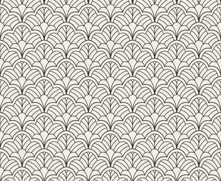 Black line art deco fan scallop seamless vector pattern background