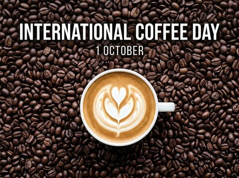 International Coffee Day banner featuring latte art over roasted beans.