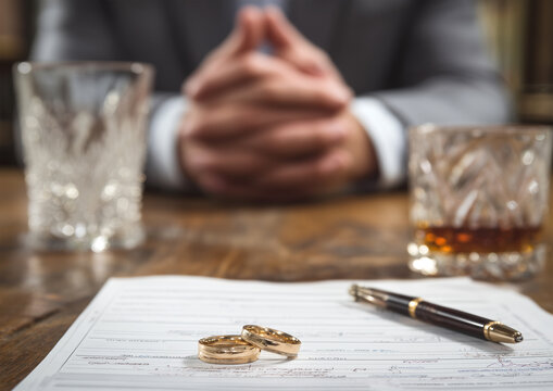 In the notary's or judge's office, there is a divorce or marriage certificate, a pen, and two gold wedding rings on the table.
