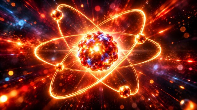Vibrant abstract illustration of a glowing atomic structure with orbiting electrons and luminous energy particles in a dark cosmic space