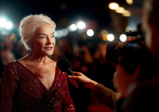 Elderly stylish female actress giving interview on the red carpet, wearing an elegant evening gown. Glamorous, realistic, and cinematic celebrity scene. Hands not visible.
