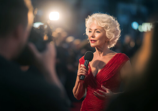 Elderly stylish female actress giving interview on the red carpet, wearing an elegant evening gown. Glamorous, realistic, and cinematic celebrity scene. Hands not visible.
