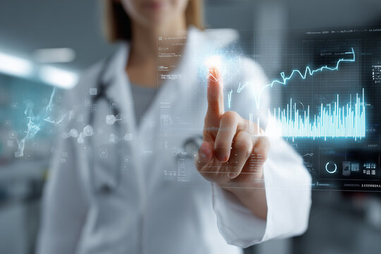 Female scientist in lab coat pointing at a graph, showing research results. Face not visible. Concept of women in science, data analysis, and innovation in a modern laboratory.
