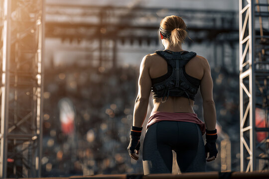 Female runner standing back to camera, preparing for obstacle course, sporty outfit, high-resolution, dynamic outdoor training scene, realistic textures, motivational sports concept.
