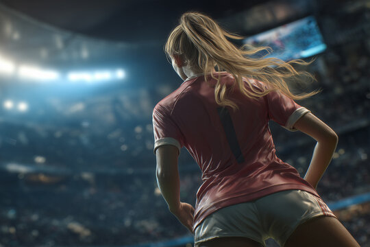 Female soccer player back to camera, preparing to score a goal, high-resolution, realistic textures, dynamic action scene on soccer field with stadium background, athletic concept.
