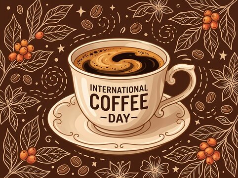 International Coffee Day celebration illustration featuring a warm cup of coffee.