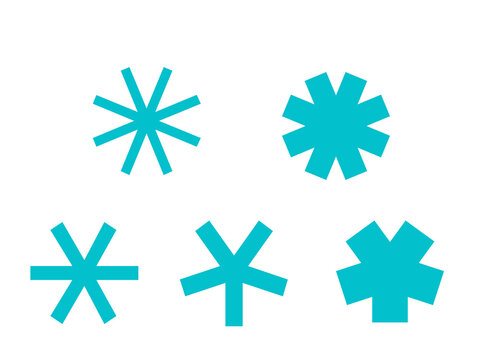 Set of cyan blue retro starburst asterisk shapes