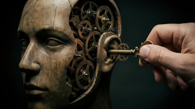 Wooden head sculpture with mechanical gears and cogs visible inside brain cavity, hand inserting key into ornate lock mechanism