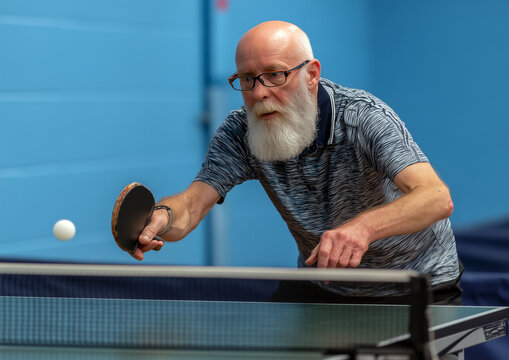 Senior man playing table tennis indoors, focused on hitting the ball. Action shot with dynamic posture, paddle in hand, and blue sports hall background.
