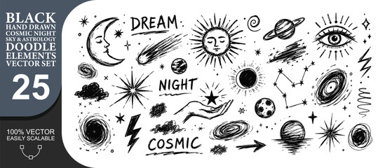 Black hand drawn cosmic night sky astrology doodle elements set with planets moons stars comets constellations constellations for space themed graphic design. © PixiBoo Studio