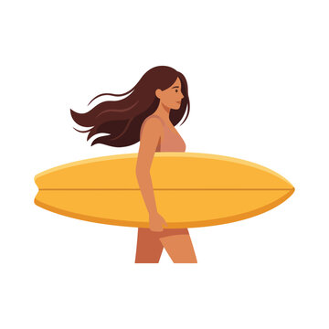 Woman Surfer Carrying Yellow Surfboard, Beach Lifestyle Vector Illustration