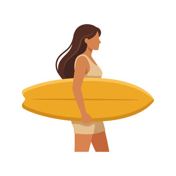 Woman surfer holding yellow surfboard, side view, isolated on white background