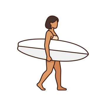 Woman Surfer Walking with Surfboard on Beach, Summer Vacation Lifestyle