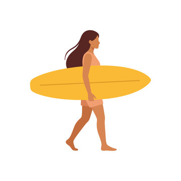 Woman surfer walking with yellow surfboard on white background, active lifestyle