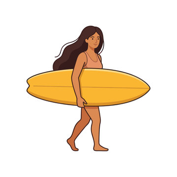 Woman surfer walking with yellow surfboard on beach, summer vacation, ocean sport.