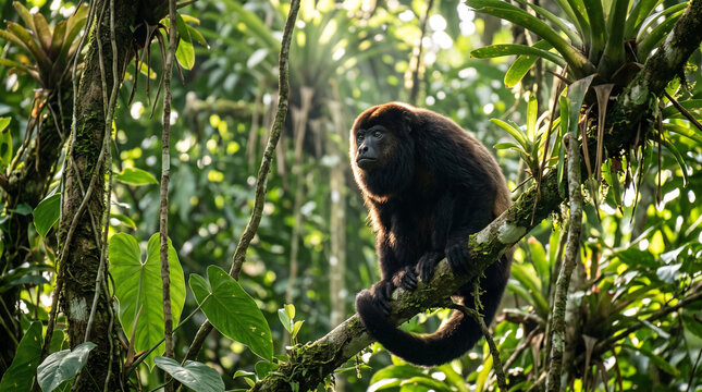 Adult howler monkey sitting high in the rainforest canopy with tropical vines and morning sunbeams, wildlife photography for nature and jungle.