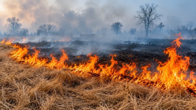 A powerful line of bright orange flames and heavy smoke spreads across a dry grassy field, capturing a dramatic natural wildfire emergency