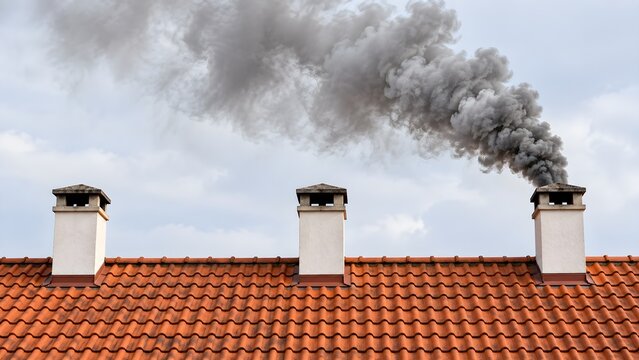Thick dark smoke billowing from a chimney on an orange tiled roof, highlighting concepts of air pollution, environmental impact and danger