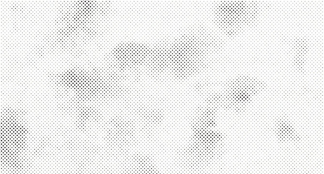 Black and white halftone pattern with irregular cloud-like clusters of dots, distressed grunge texture on a white background, 0044