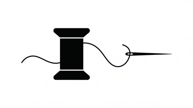 Black silhouette of a sewing needle and thread spool on a white background