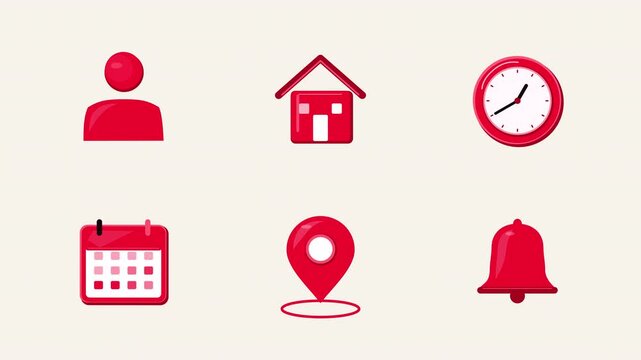 Animated looping red essential ui icons user home clock calendar location and bell on transparent alpha channel