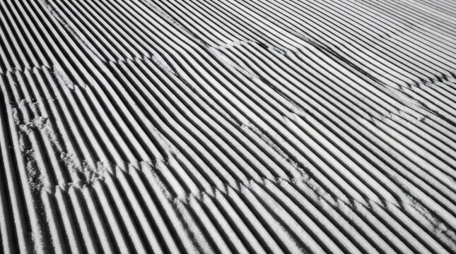 Close up of freshly groomed snow corduroy texture on a ski slope at a mountain resort in black and white minimalist style.