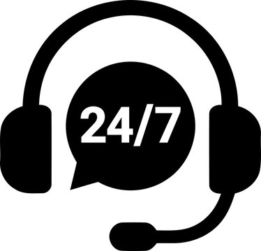 Black 24 7 customer support headset icon isolated on transparent background