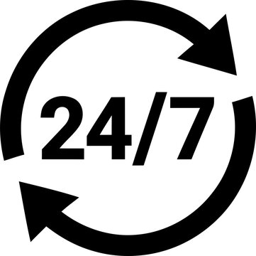 Black 24 7 support icon with circular arrow symbol isolated on transparent background