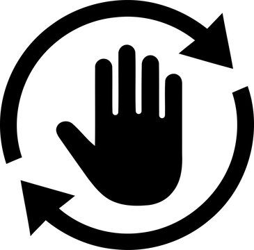 Black hand icon inside a circular refresh arrow symbol isolated on transparent background
