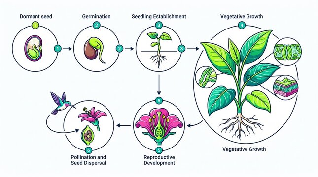 Plant life cycle biological diagram with growth stages