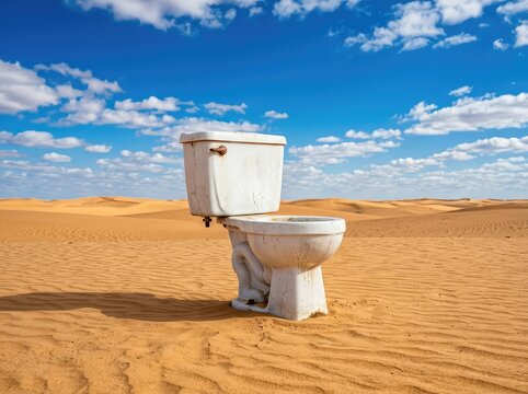 solitary porcelain toilet stands abandoned in a desolate sandy desert landscape, under vast open sky, creating a stark, surreal contrast, porcelain, solitary, dry