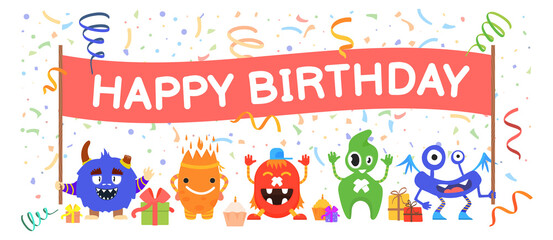 Fototapeta premium Happy birthday banner on monster kid party. Funny characters