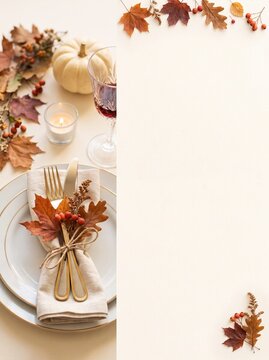 Autumn harvest dinner table place setting with pumpkin and colorful fall leaves arranged as a festive border for thanksgiving holiday invitations and seasonal menu cards