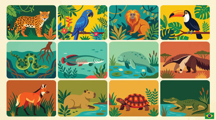 Fototapeta premium Brazilian jungle animals in square frames