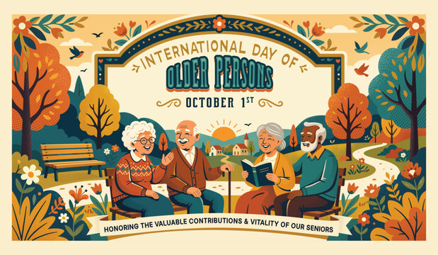 Older People Socializing in Park on International Day of Older Persons Illustration
