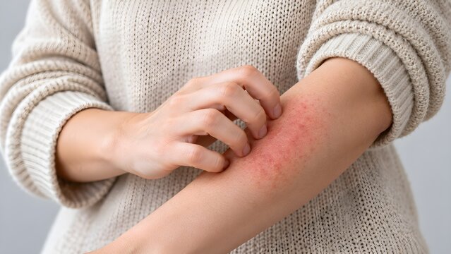 A young woman experiencing severe skin itching and irritation on her arm, scratching the red rash as a symptom of allergy or dermatitis