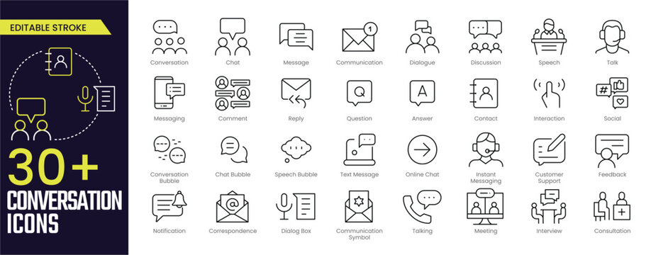 Conversation Stroke icon collections. Containing conversation, chat, message, communication, dialogue, discussion, speech, and talk, icons. Editable Stroke icon collection Outline icon