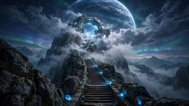An epic fantasy mountain scene with a monumental glowing staircase ascending through clouds toward a mysterious celestial gateway.