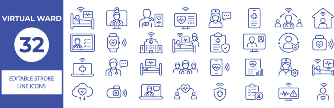 32 Virtual Ward Vector Outline Icons Set,Telemedicine, Remote Patient Monitoring, Smart Hospital, Digital Healthcare and Virtual Care Line Symbols Collection