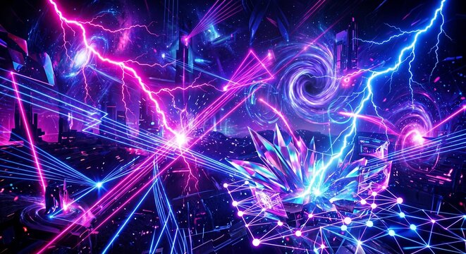 Abstract digital landscape with vibrant lights and energy patterns  