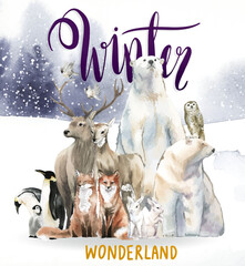 Fototapeta premium Hand-drawn wild animals in winter wonderland