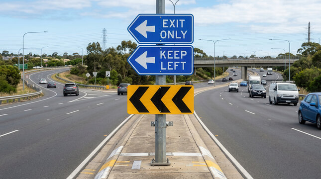 Highway Navigation Signs Directing Traffic Flow On A Busy Roadway